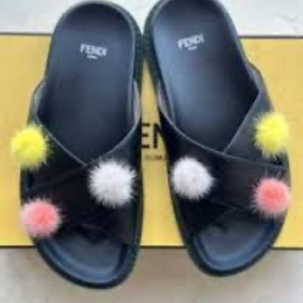 Fendi Black Sandals with Vibrant Pom Poms 38